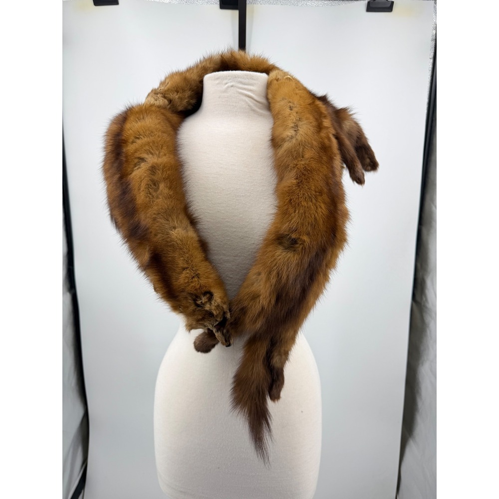Vintage Mink Fur Stole Wrap Women OS Brown Real Fur Pelt Head Tail Scarf